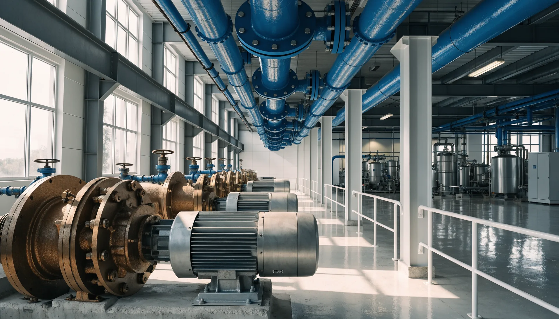 Bronze pump casings and valved pipework in a process plant